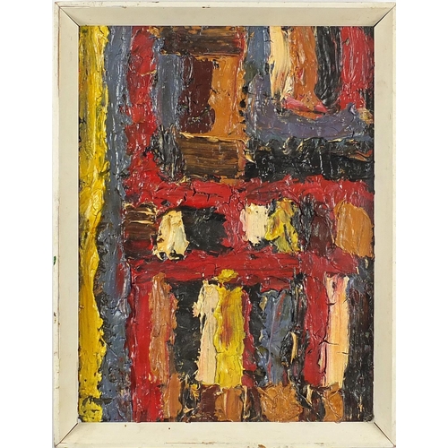 931 - Abstract composition, impasto oil on board, bearing an inscribed label verso, framed, 40cm x 30cm