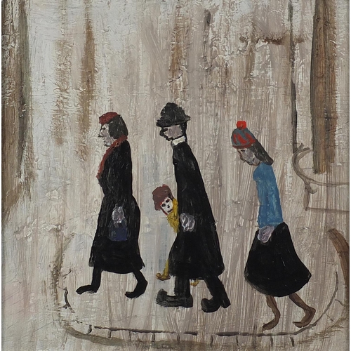 1145 - After Laurence Stephen Lowry - The family, oil on board, framed, 27cm x 27cm