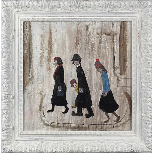 1145 - After Laurence Stephen Lowry - The family, oil on board, framed, 27cm x 27cm