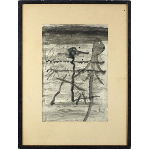 1133 - Abstract composition, ink wash, bearing an indistinct signature, inscriptions and Bombay label verso... 