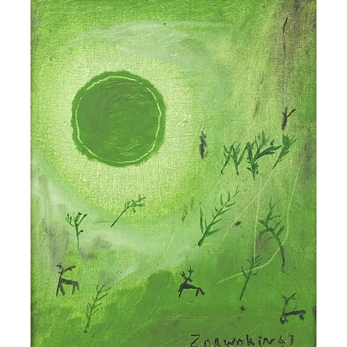 1102 - Abstract composition, green landscape with deer's, oil on canvas board, bearing a signature Zorwokin... 