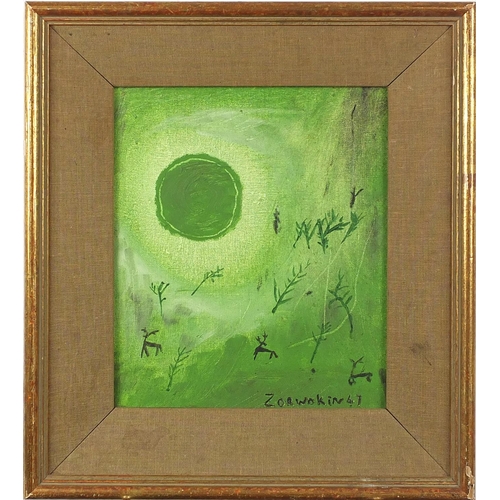 1102 - Abstract composition, green landscape with deer's, oil on canvas board, bearing a signature Zorwokin... 