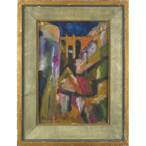 876 - Abstract composition, stylised landscape, oil on board, bearing a signature Bomberg and London Galle... 