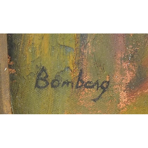 876 - Abstract composition, stylised landscape, oil on board, bearing a signature Bomberg and London Galle... 