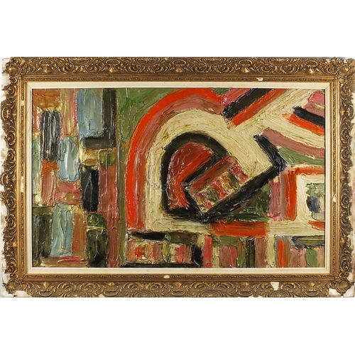 1042 - After Jean Dubuffet - Abstract composition, impasto oil on board, inscribed verso, mounted and frame... 