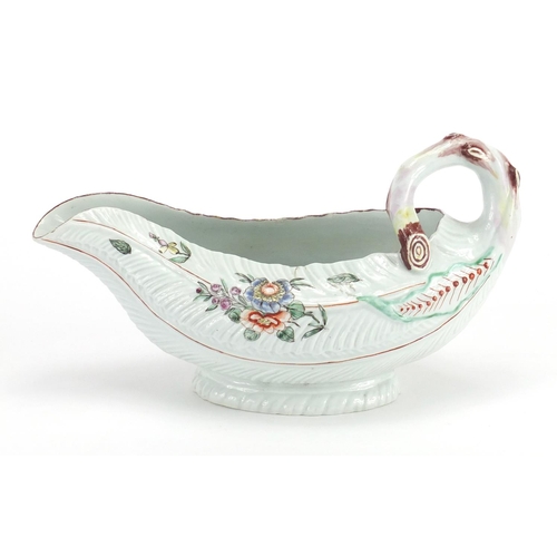 501 - 18th century Worcester porcelain Cos Lettuce Leaf sauce boat, hand painted with flowers, 22cm in len... 