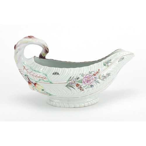 501 - 18th century Worcester porcelain Cos Lettuce Leaf sauce boat, hand painted with flowers, 22cm in len... 