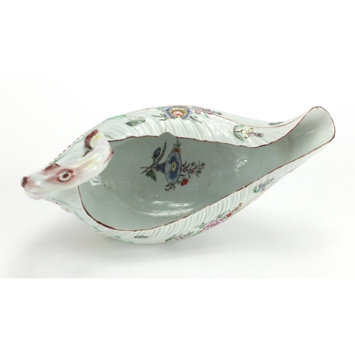 501 - 18th century Worcester porcelain Cos Lettuce Leaf sauce boat, hand painted with flowers, 22cm in len... 