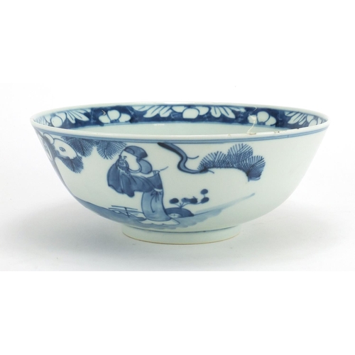 379 - Korean blue and white porcelain bowl hand painted with figures, character marks to the base, 22.5cm ... 