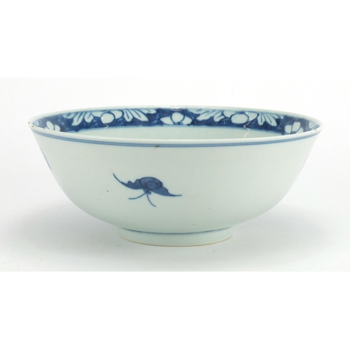 379 - Korean blue and white porcelain bowl hand painted with figures, character marks to the base, 22.5cm ... 