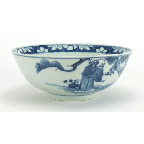 379 - Korean blue and white porcelain bowl hand painted with figures, character marks to the base, 22.5cm ... 