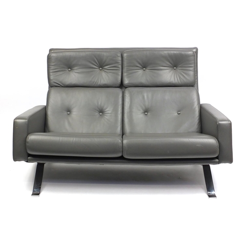 2040 - Robin Ray grey leather two seater sofa with chrome feet, 130cm in length