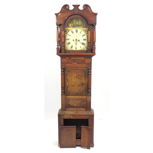 2028 - Victorian oak and mahogany longcase clock, with enamelled dial, hand painted with a castle and movin... 