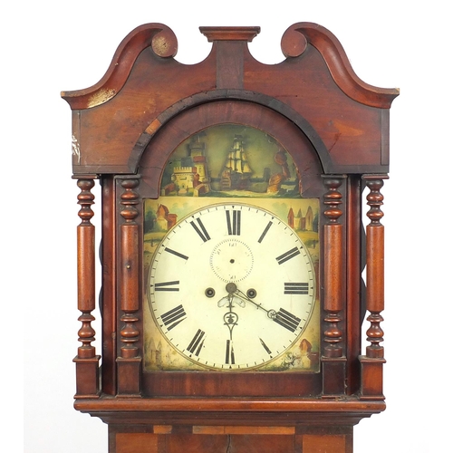 2028 - Victorian oak and mahogany longcase clock, with enamelled dial, hand painted with a castle and movin... 