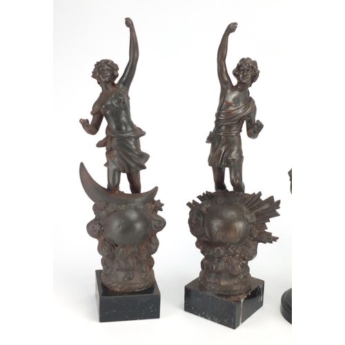 182 - Pair of classical bronzed ewers and figures, the largest 42cm high