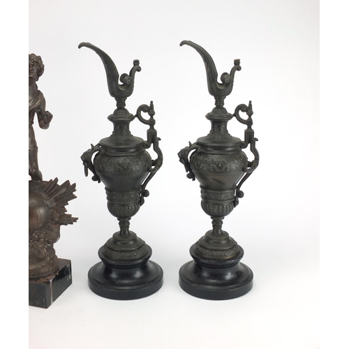 182 - Pair of classical bronzed ewers and figures, the largest 42cm high