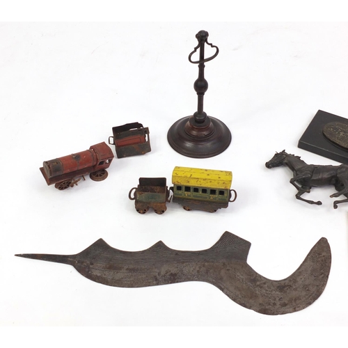 452 - Box of items including a David Cornell bronze Champion Finish, decorative sword blade and tin plate ... 