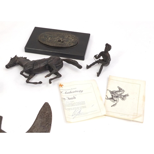 452 - Box of items including a David Cornell bronze Champion Finish, decorative sword blade and tin plate ... 