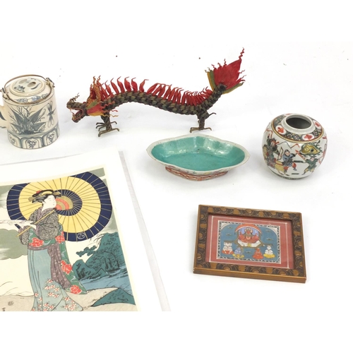 489 - Oriental items including pair of cloisonné vases, blue and white teapot and a wood block print