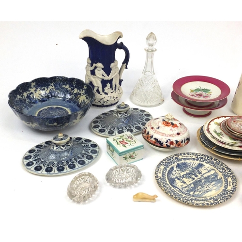 578 - Mostly Victorian and later ceramics including graduated set of three jugs, plates, shaving mug and a... 