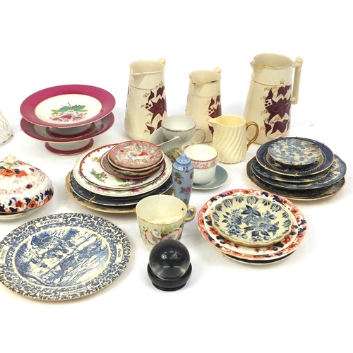 578 - Mostly Victorian and later ceramics including graduated set of three jugs, plates, shaving mug and a... 