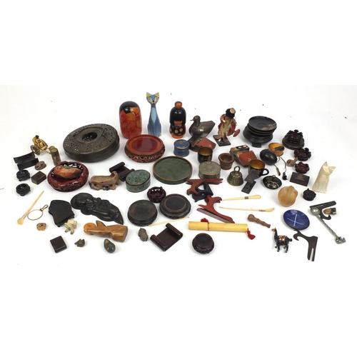 275 - Box of objects including Oriental hardwood stands, lacquered cups and saucers, soapstone brush washe... 