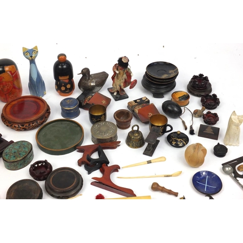 275 - Box of objects including Oriental hardwood stands, lacquered cups and saucers, soapstone brush washe... 