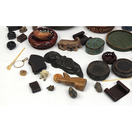 275 - Box of objects including Oriental hardwood stands, lacquered cups and saucers, soapstone brush washe... 