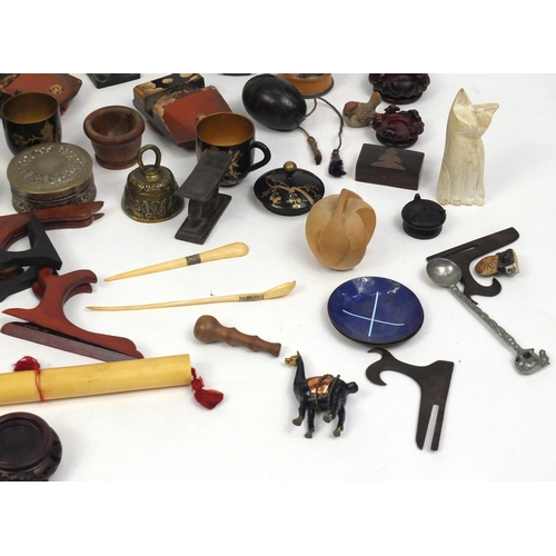 275 - Box of objects including Oriental hardwood stands, lacquered cups and saucers, soapstone brush washe... 