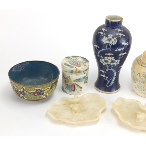 444 - Antique and later Chinese objects including blue and white baluster shaped vase, soapstone lily pad ... 