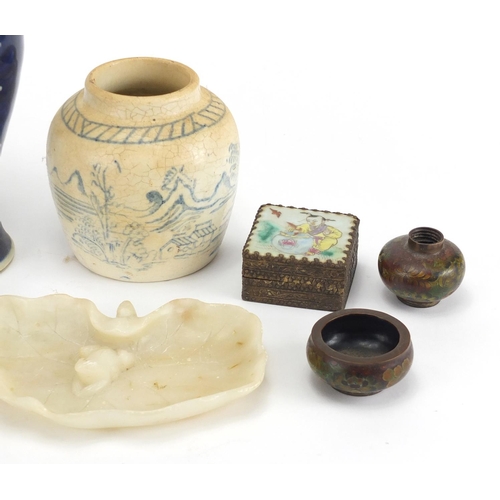 444 - Antique and later Chinese objects including blue and white baluster shaped vase, soapstone lily pad ... 