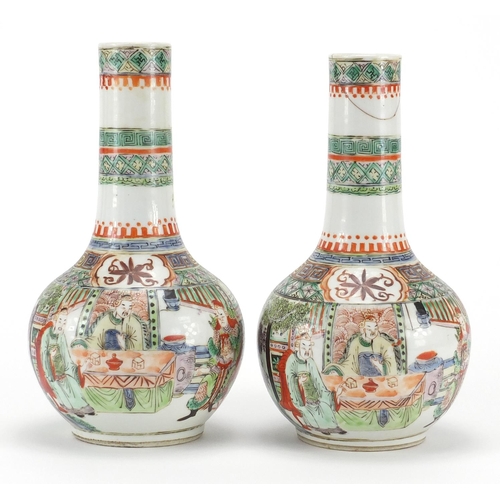 341 - Pair of Chinese porcelain bottle vases, both hand painted in the famille verte palette with figures ... 