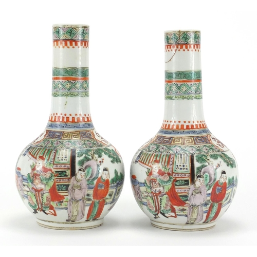 341 - Pair of Chinese porcelain bottle vases, both hand painted in the famille verte palette with figures ... 