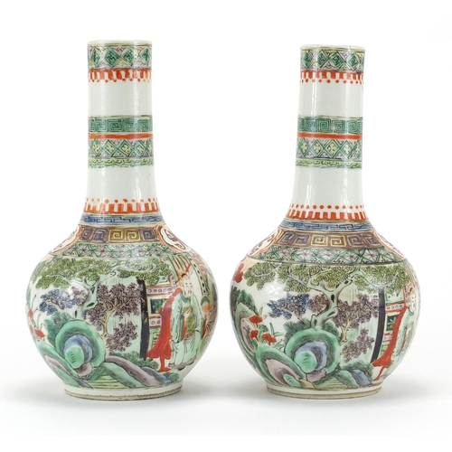 341 - Pair of Chinese porcelain bottle vases, both hand painted in the famille verte palette with figures ... 