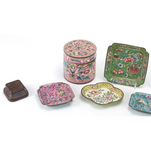 404 - Chinese Canton enamelled dishes and cylindrical container, together with two hardwood stands and a c... 