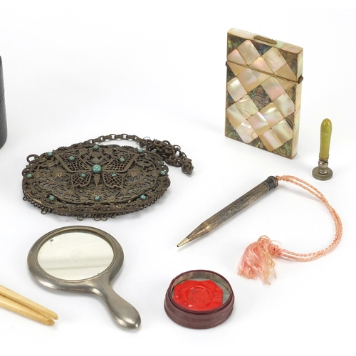 54 - Antique and later miscellaneous objects including ivory pot and cover, shoe horn, Mother of Pearl an... 