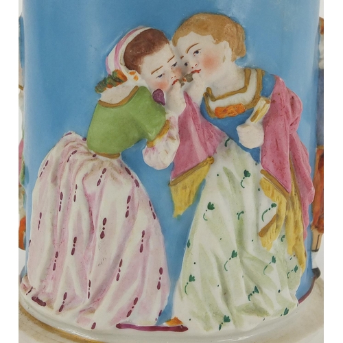 526 - 19th century porcelain sailor boy tobacco jar and cover, decorated in relief with continuous band of... 