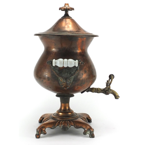 118 - 19th century cooper and brass samovar of classical urn from with twin handles, 45cm high