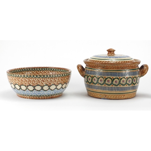 527 - 19th century sponge ware comprising a lidded pot with twin handles, jug and bowl, the largest 24cm w... 