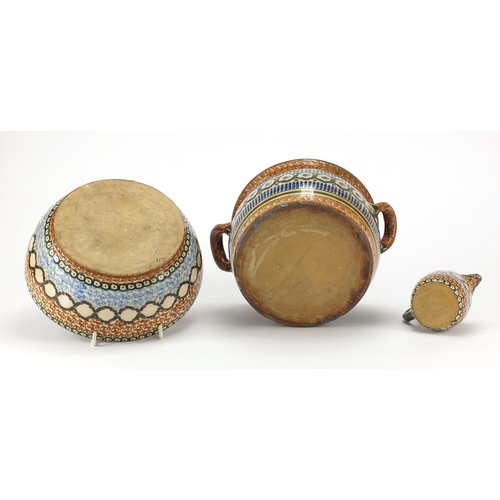 527 - 19th century sponge ware comprising a lidded pot with twin handles, jug and bowl, the largest 24cm w... 