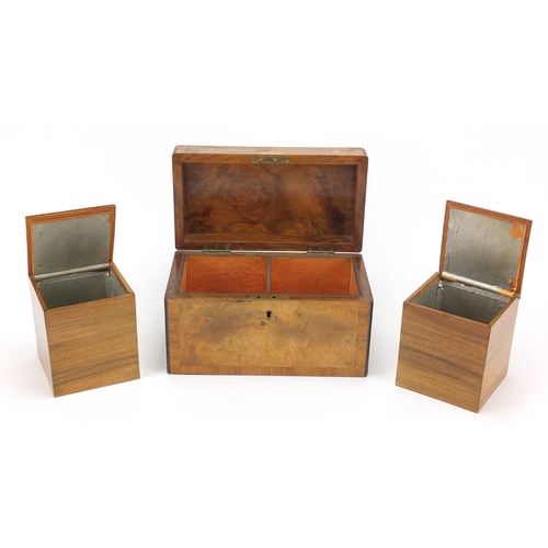 105 - Victorian cross banded walnut tea caddy with twin divisional interior, 14.5cm high x 15.5cm wide