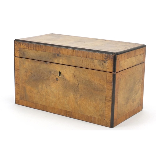 105 - Victorian cross banded walnut tea caddy with twin divisional interior, 14.5cm high x 15.5cm wide