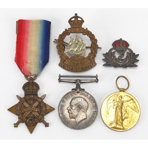 252 - British Military World War I Naval trio, cap badge and silver and enamel brooch, the trio awarded to... 