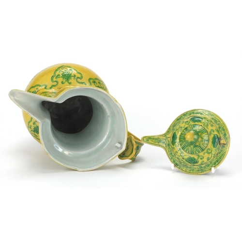 367 - Chinese porcelain yellow ground wine ewer, hand painted in green with dragons amongst flowers and fo... 