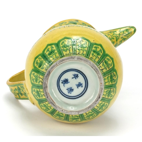 367 - Chinese porcelain yellow ground wine ewer, hand painted in green with dragons amongst flowers and fo... 