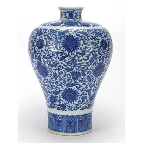 369 - Large Chinese blue and white porcelain meiping vase, hand painted with flower heads amongst foliate ... 