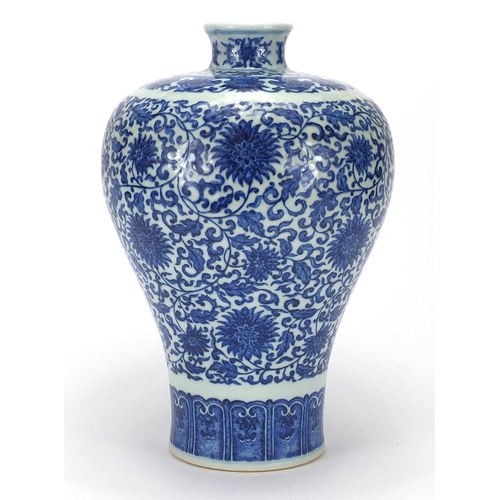 369 - Large Chinese blue and white porcelain meiping vase, hand painted with flower heads amongst foliate ... 