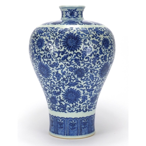 369 - Large Chinese blue and white porcelain meiping vase, hand painted with flower heads amongst foliate ... 