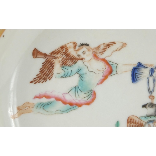 349 - Pair of Chinese porcelain dishes, both hand painted in the famille rose palette with angel and eagle... 