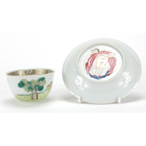 352 - Chinese porcelain erotic tea bowl and saucer, hand painted in the famille rose palette with a female... 